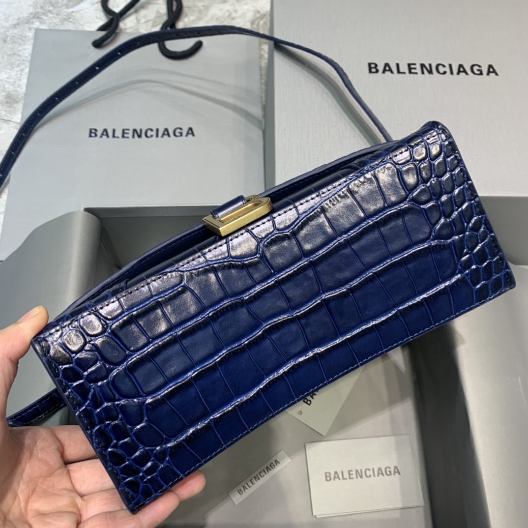 Balenciaga Hourglass Small Handbag Crocodile Embossed Shoulder Bag Dark Blue